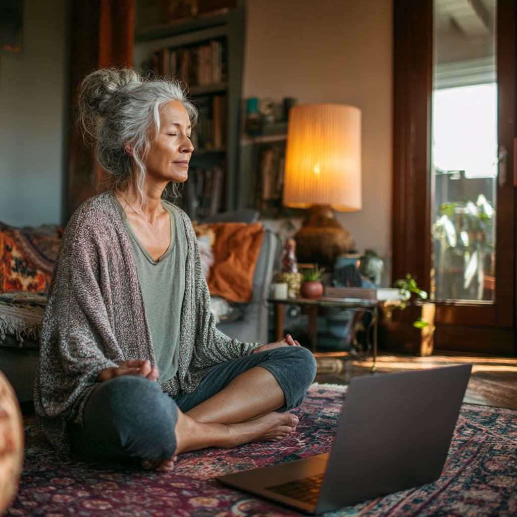 Жінка віком 58 років практикує йогу онлайн вдома перед ноутбуком у затишній вітальні