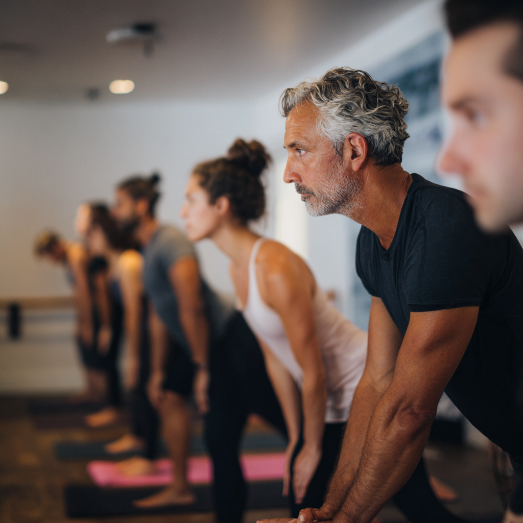 Інструктор йоги віком 55 років демонструє базову асану учням в студії kreltanov
