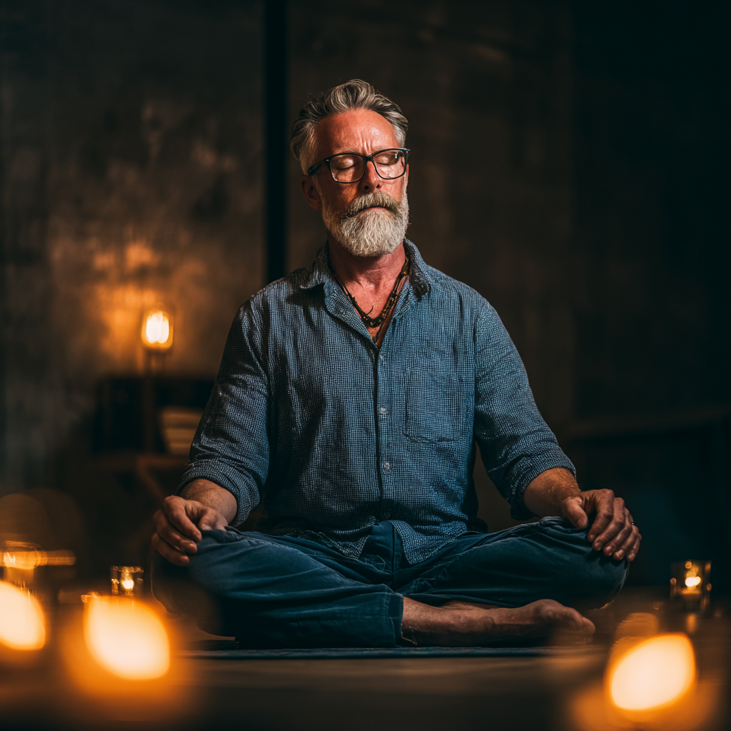 Чоловік віком 60 років медитує в позі лотоса в тихій кімнаті з м'яким освітленням